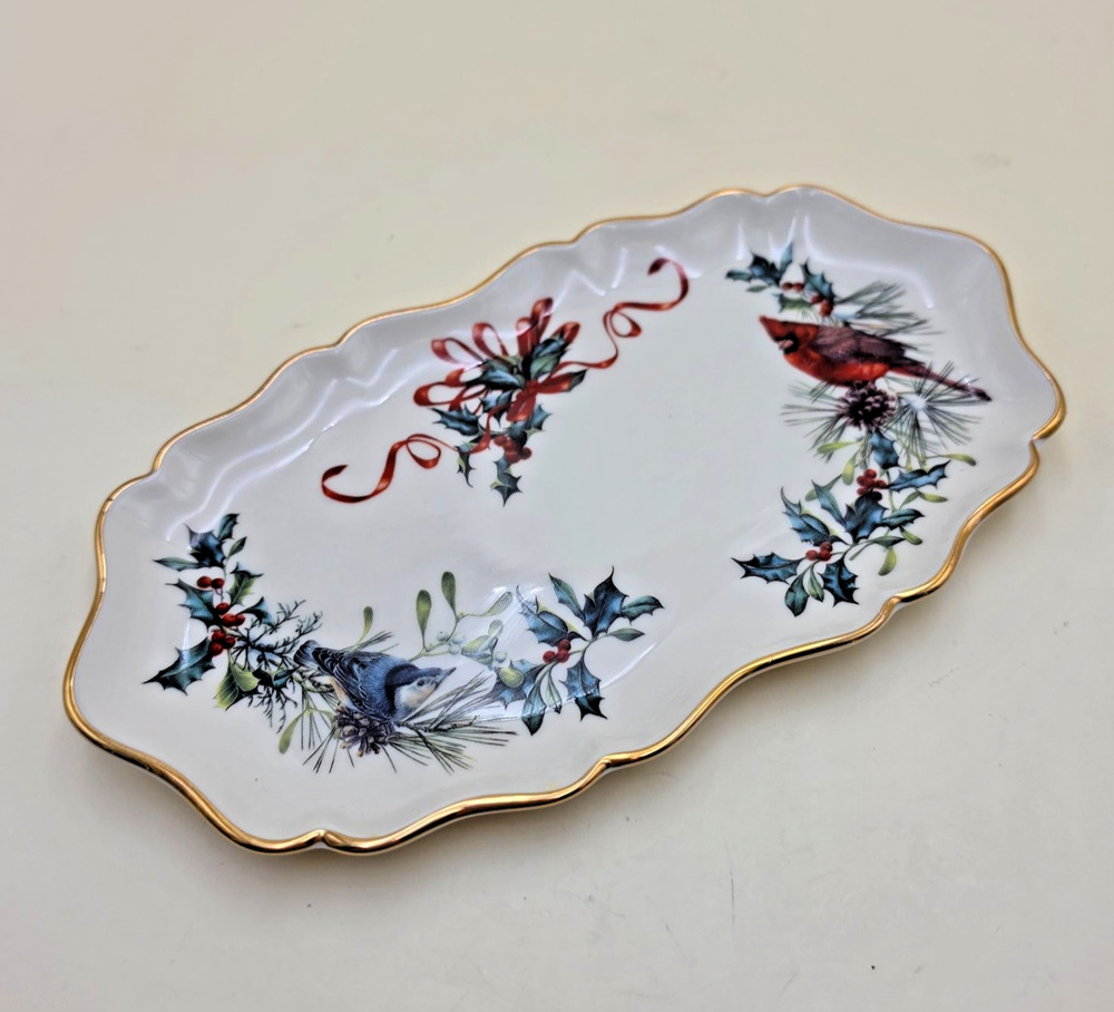 Lenox Winter Greetings Cardinal Nuthatch Ivory China Serving Tray 10" Gold Trim